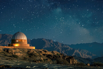 Obraz premium Night Observatory in Oman with Astronomers Using Telescope to Study Stars and Arabic Annotations on Celestial Maps