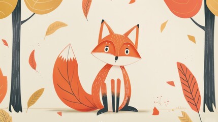 Fototapeta premium A curious fox with a bushy tail explores a dense forest, its fur blending seamlessly with the autumn leaves.