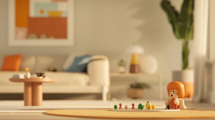 A cozy living room scene with a family gathered around a board game, laughter and warmth filling the space.
