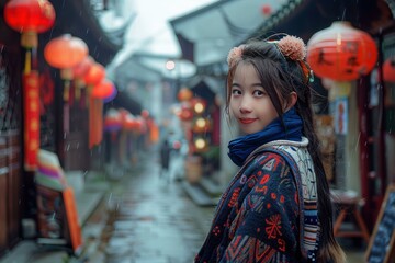 Obraz premium Young woman is enjoying the festive atmosphere of a traditional chinese market adorned with red lanterns during chinese new year