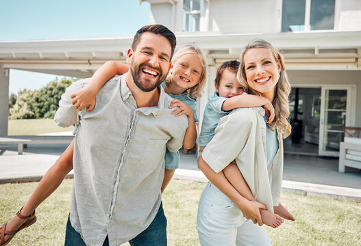 Portrait, piggyback and parents with children outdoor for love, bonding and playful interaction of support at house. Smile, woman and man with kids for family activity in backyard for memory at home
