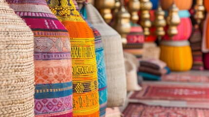 Fototapeta premium A colorful market scene in Marrakesh, with vendors selling vibrant textiles, spices, and handcrafted goods under ornate lanterns.