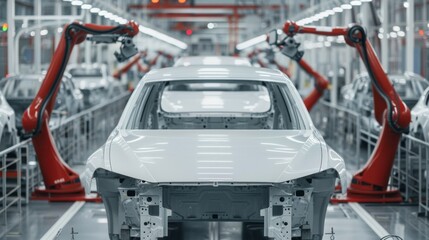 A bustling car assembly line, with robotic arms and human workers collaborating to build sleek, modern vehicles.