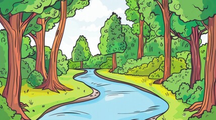 Cartoon illustration of beautiful green forest landscape with river flowing through it. Nature scene with trees, grass and blue sky.