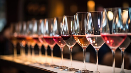 Wine glasses in a row. Buffet table celebration of wine tasting. Nightlife, celebration and entertainment concept. Horizontal, wide screen banner format, generative ai