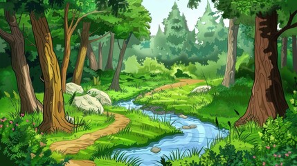 Idyllic Green Forest Landscape with Flowing River and Trail, Concept Art for Adventure, Nature, and Tranquility