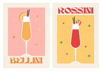 Poster drink set. Cocktail arts. Retro posters with alcohol cocktails. Bellini. Rossini. 90s 80s 70s groovy posters. Modern trendy print. Drink with fruit and ice.