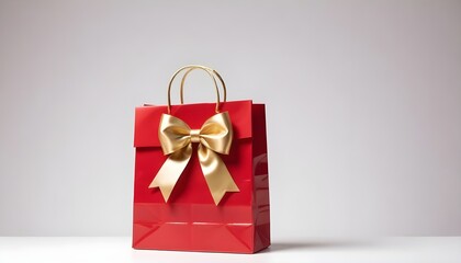 Obraz premium Red isolated shopping bag with a large gold bow, against a plain background with copy space