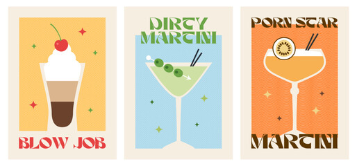 Poster drink set. Cocktail arts. Sexy drink. Retro posters with alcohol cocktails. PornStar Martini. Blow Job. Dirty Martini. 90s 80s 70s groovy posters. Modern trendy print. Drink with fruit and ice