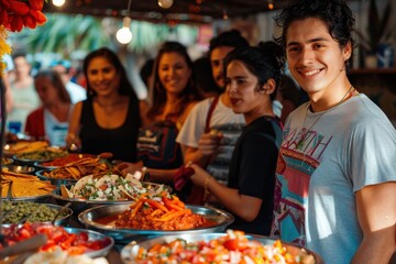 Smiling Man at a Food Stall with Friends