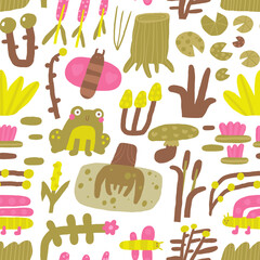 Cute jungle, wild nature seamless pattern. Funny hand drawn doodle repeatable pattern with frog, log, butterfly, water lily, reed, flower, mushroom, plant. Mossy forest, wood theme background