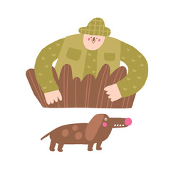 Cute morass, bog nature composition, postcard with funny hand drawn doodle man, dog, dachshund. Wild pond, swamp nature t shirt print, cover, template, banner, poster print objects