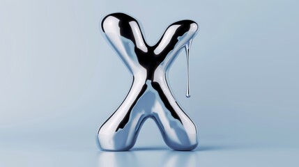 Glossy letter X of molten metal with fluid droplet form, perfect for futuristic fonts, detailed and reflective