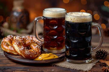 German Beer, Pretzels, and Mustard on Wooden Table