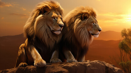 Naklejka premium Majestic African lion couple loving pride., generative ai