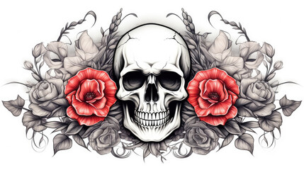 Skull and Flowers Day of The Dead, Vintage illustration. Elegant tattoo design. Gothic style, boho design., generative ai