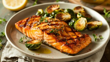 A plate of grilled salmon served with a side of roasted Brussels sprouts cooked in avocado oil showcasing the versatility of this healthy fat in both cold and hot dishes.