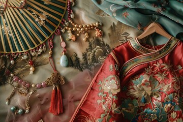 Fototapeta premium Embroidered red silk hanfu dress with gold floral patterns, displayed alongside traditional chinese accessories and jade jewelry
