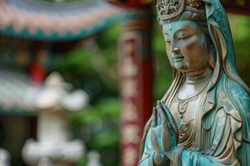 Fototapeta premium Bronze guanyin statue praying with hands together in a peaceful chinese temple