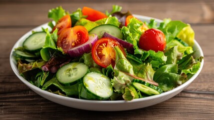 Fresh and Colorful Mixed Green Salad with Tomatoes, Cucumbers, and Red Onions in a White Bowl on Wooden Table