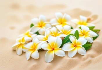 Naklejka premium A white Plumeria flower on a sandy beach with the ocean in the background