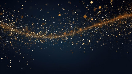 Abstract Gold glitter confetti or particles on dark blue background. Magical festive backdrop, space for text. Christmas and 2024 New Year holidays background. Gold foil texture.  generative ai