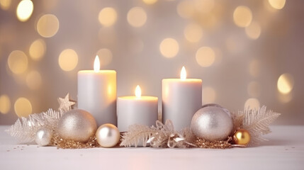 Happy New Year and Merry Christmas banner. Gold and silver Christmas decorations with burning candles on white bokeh background., generative ai