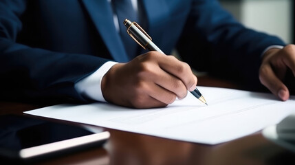 Hand of businessman writing on paper in office. man in suit writing business papers at desk in modern office. copy space. business person working at desk, generative ai
