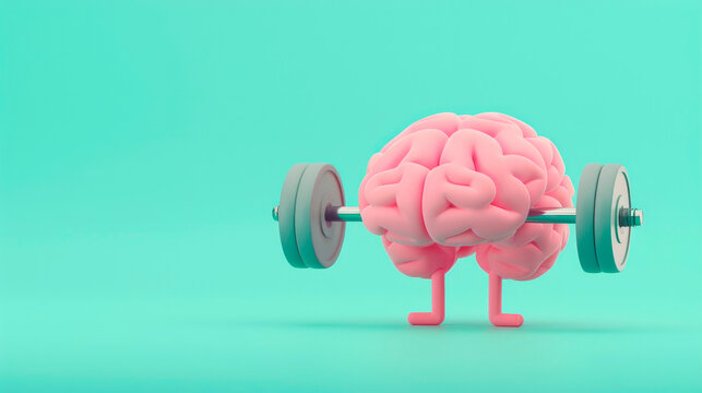 Pink Brain Lifting Weights on a Turquoise Background