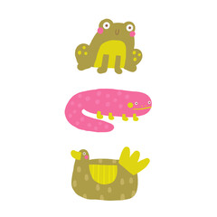 Cute morass, bog nature composition, postcard with funny hand drawn doodle frog, duck, salamander . Wild pond, swamp nature t shirt print, cover, template, banner, poster print objects