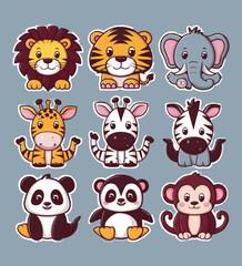 Cute Animals printable stickers clipart vector illustration set