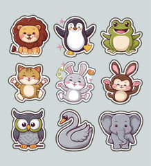 Obraz premium Cute Animals printable stickers clipart vector illustration set