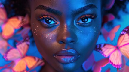 Obraz premium fashionable afro woman in neon light