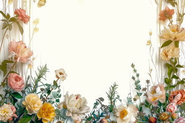 Fototapeta premium Beautiful floral frames featuring various flowers and greenery against a soft, light background, perfect for elegant designs. empty space for text.