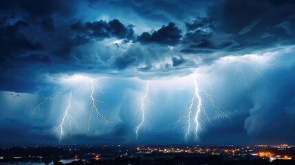 Thunderous dark sky with black clouds and flashing lightning. Panoramic view. Concept on the theme of weather, natural disasters, storms, typhoons, tornadoes, thunderstorms, generative ai
