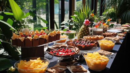 Candy bar food buffet, during hotel brunch, catering in the garden, food bloggers event, banquet, wedding, festive sweet dessert celebration party,, generative ai