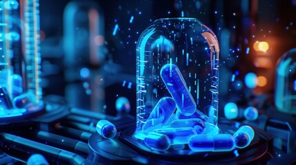 Obraz premium Futuristic Blue Pills in a Laboratory Setting.