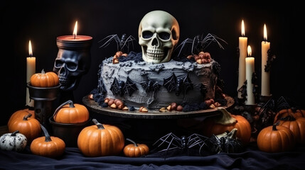 Celebratory Cake with with a skull, candles, bats and pumpkins on Halloween party on dark background,, generative ai