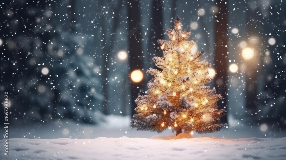 Wall mural illuminated christmas tree in the shining snow at night on shining bokeh backbround. christmas and n