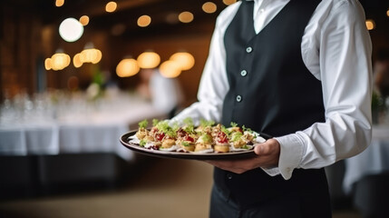 Waiter carrying appetizers on a plate on some festive event, party or wedding reception. catering service,, generative ai