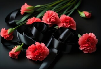 A black ribbon with a white carnation flower on a dark background