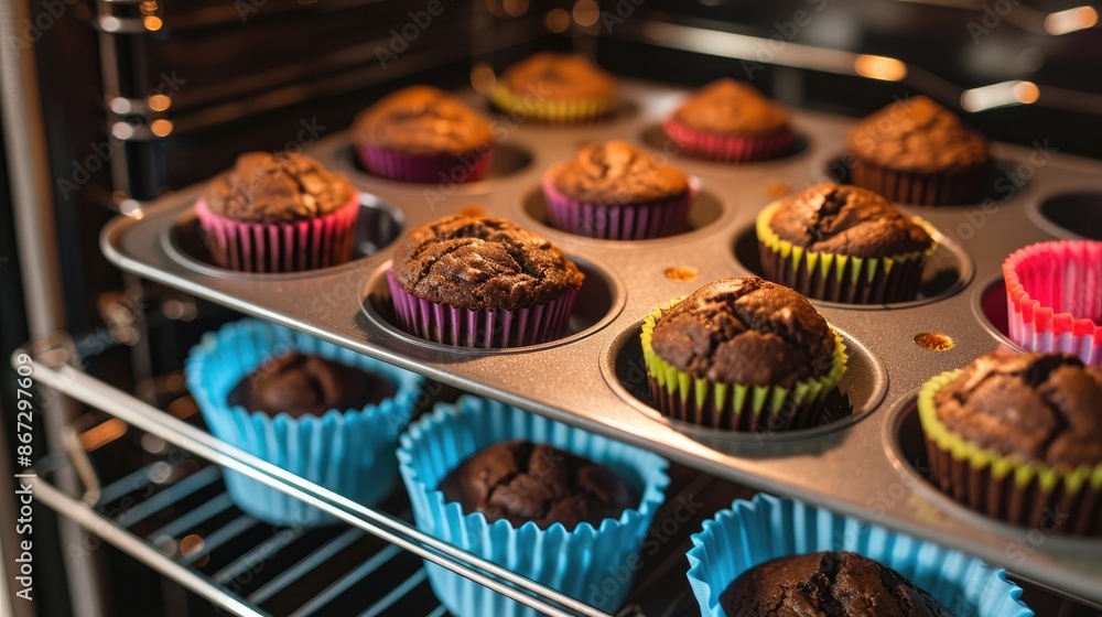 Poster baking chocolate muffins in vibrant silicone molds on baking trays in the oven