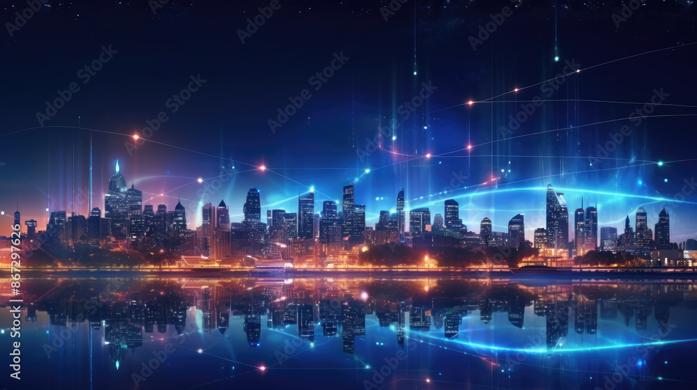 Wall mural smart city with particle glowing light connection design, big data connection technology concept. sm