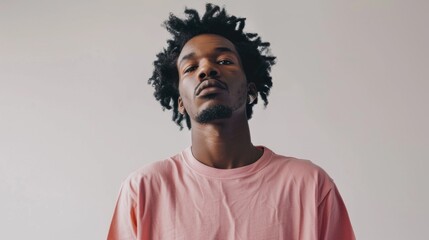 Obraz premium A close-up portrait of a confident African American man in a pink t-shirt, looking directly at the camera