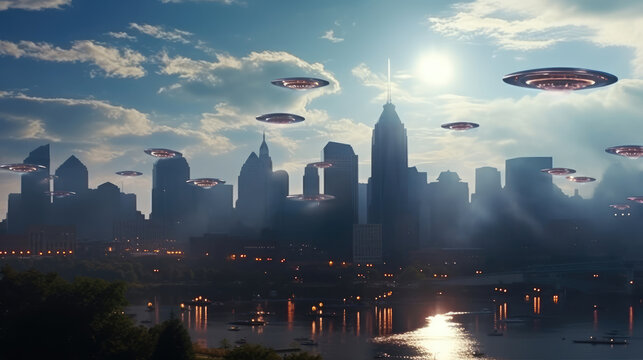 UFO Armada over downtown. giant alien spaceships over the city. UFO invasion over the city of the planet Earth. Extraterrestrial civilizations, Extraterrestrial Intelligence. ., generative ai