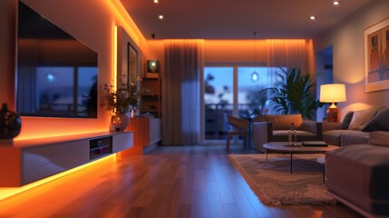 Modern Living Room with Warm Lighting and Cozy Ambiance