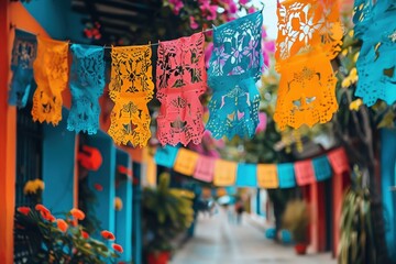Colorful Paper Decorations Hanging in a Vibrant Street