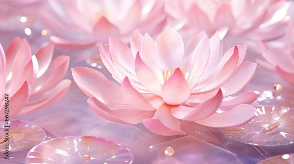 Wall mural lotus pink light with pearls floating on a sparkly background. close-up of a lotus flower with buds.