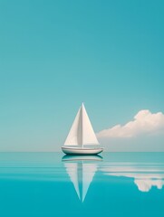Obraz premium A small sailboat glides across a calm turquoise sea with a single white cloud in the sky.