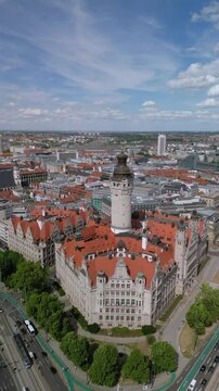 The drone aerial view of new town hall and old town of Leipzig, Germany. Leipzig is the largest city in Saxony, Germany.	